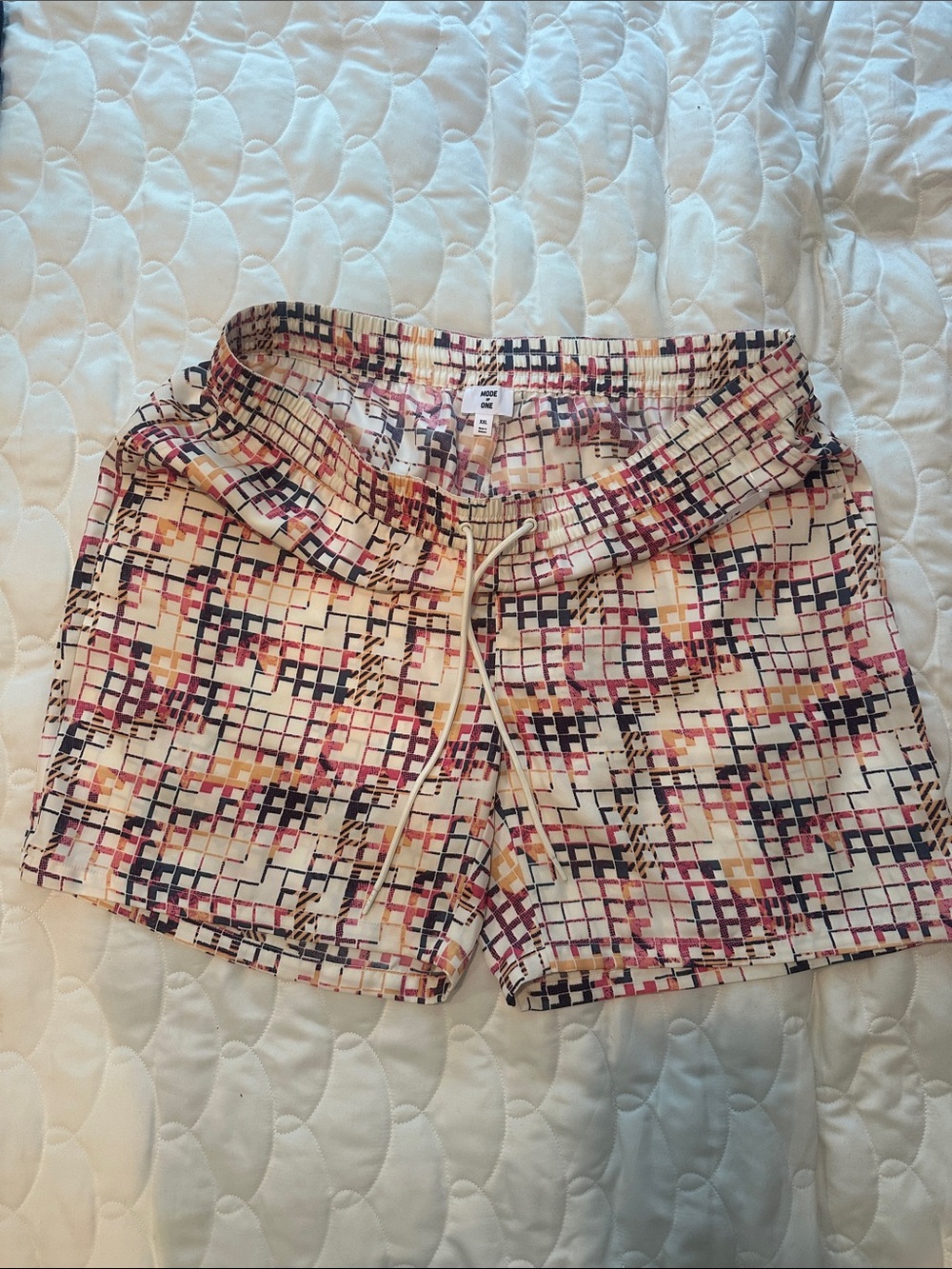 Men's Cream Grid-Print Drawstring Athletic Shorts with Maroon Accents